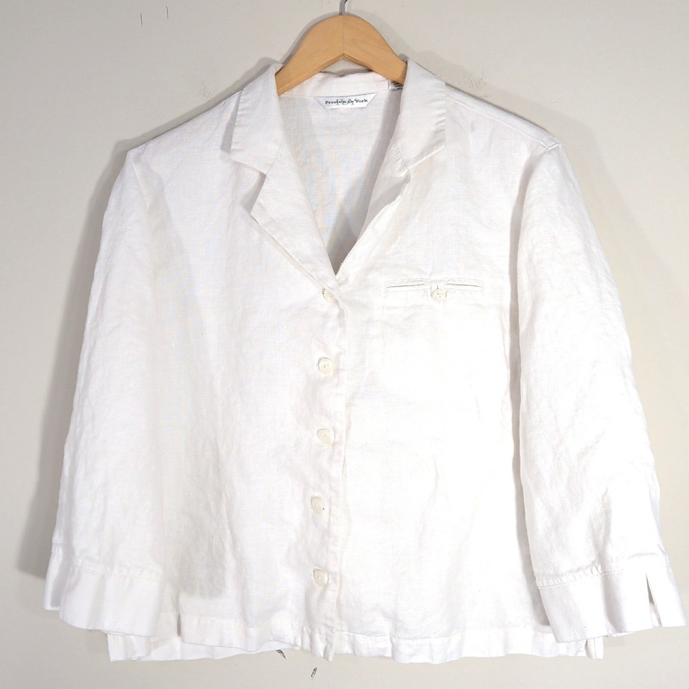 Preston & York White Washable Linen Shirt; Button Down, 3/4 Sleeve, Collared